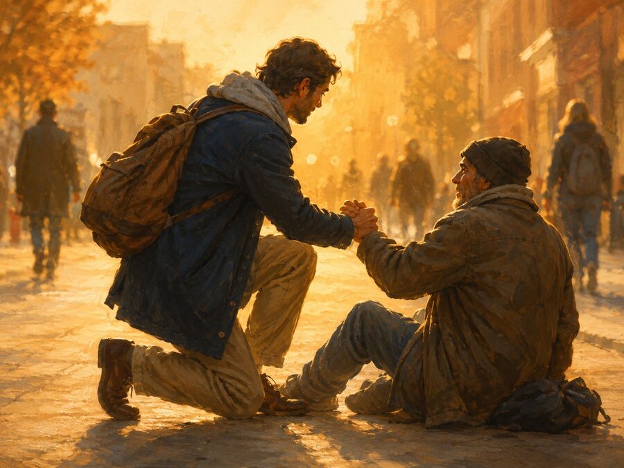 A man kneeling on a golden-lit street to clasp the hand of an older man sitting on the ground, helping him up.