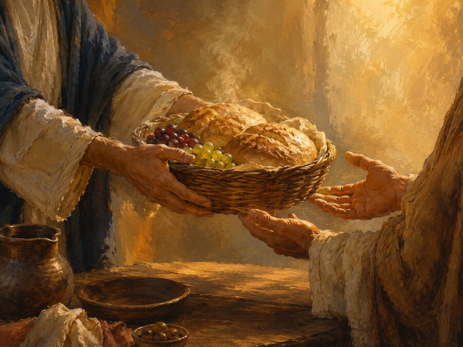 Hands offering a woven basket of bread and grapes across a table to another pair of open, waiting hands.