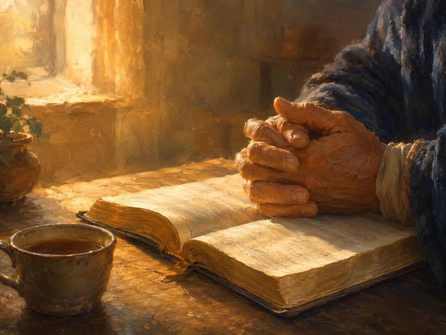 Weathered hands folded in prayer on an open Bible beside a cup of tea, lit by early morning light from a window.
