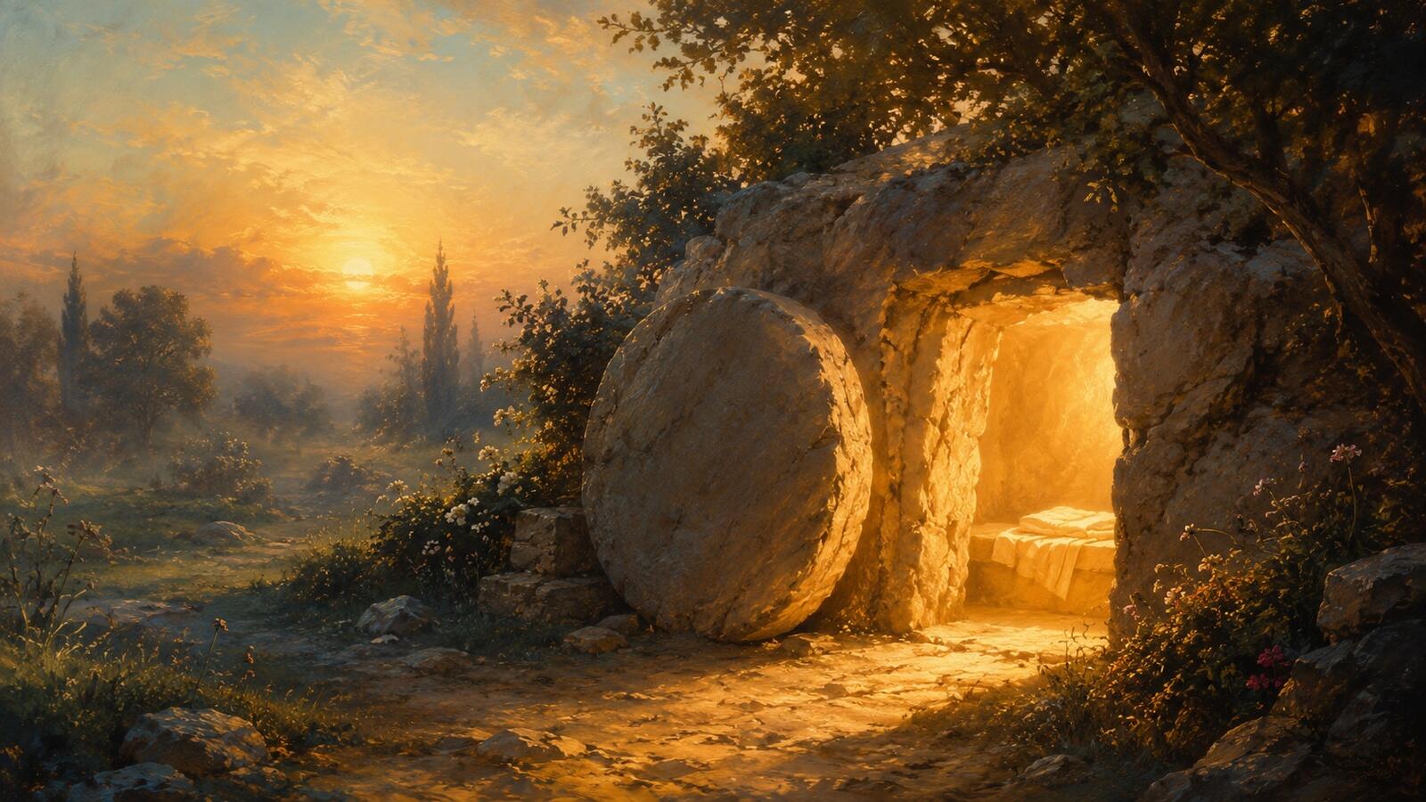 The empty tomb at sunrise, its round stone rolled aside and golden light pouring from the open entrance across the ground, with folded linen cloths resting inside.