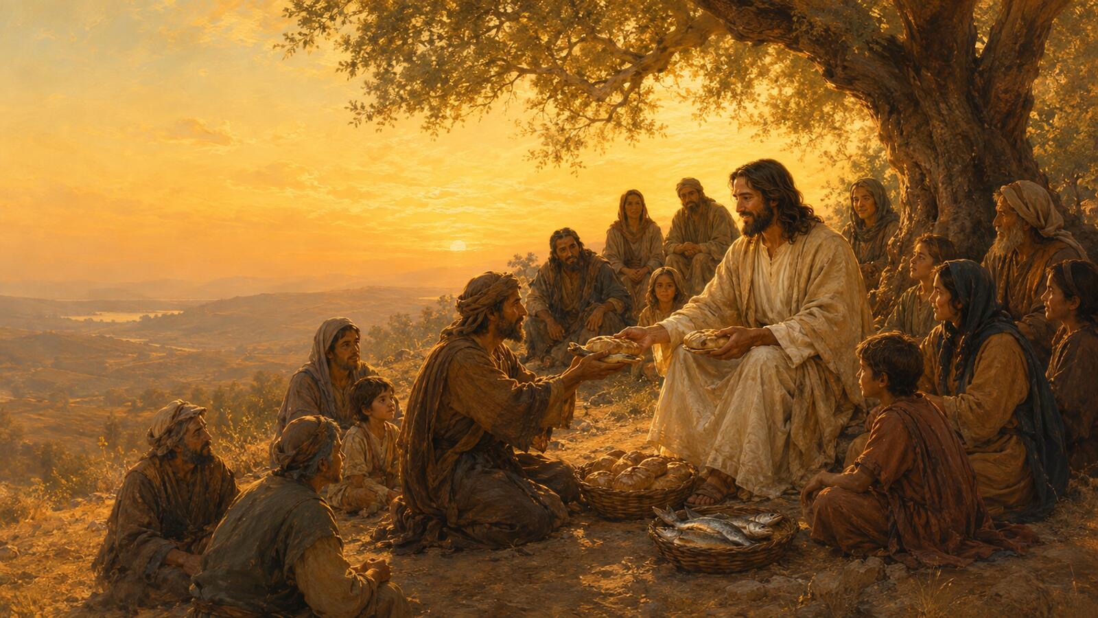 Jesus seated beneath an olive tree at sunset, handing out bread and fish to a gathered crowd of men, women and children.