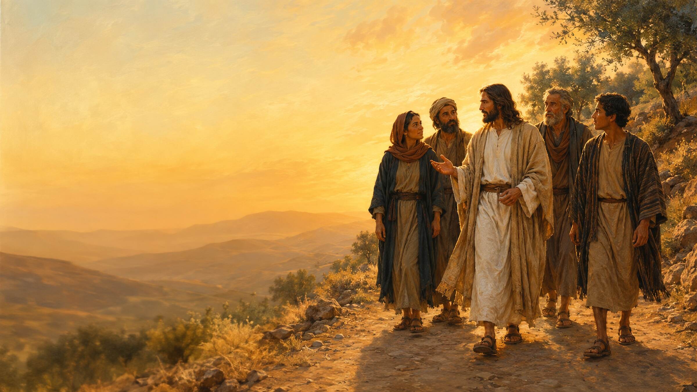 Jesus walking a hillside path at sunset, speaking with a small group of companions who turn toward him as they go.