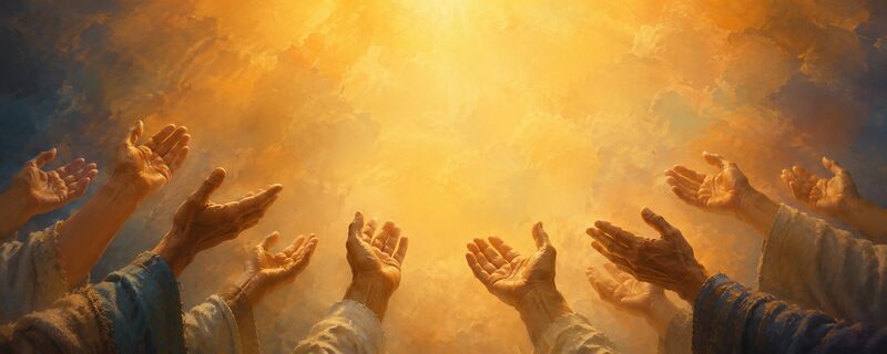Many open, upturned hands reaching up into warm golden light.